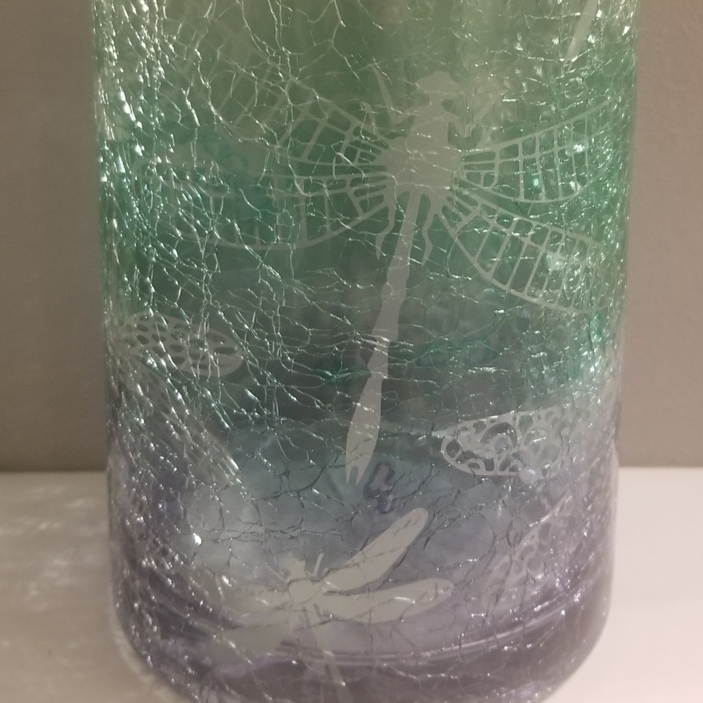 Crackle glass Dragonfly candle holder never used